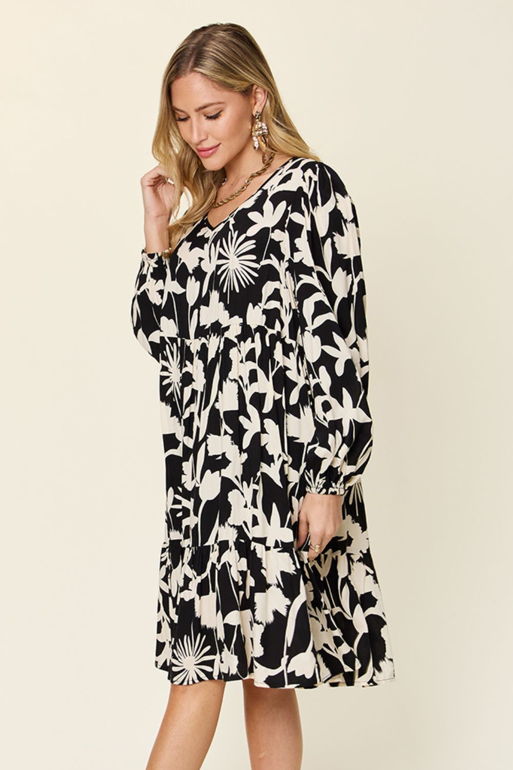 Double Take Full Size Printed Ruffle Hem Dress with Pocket - FabFemina