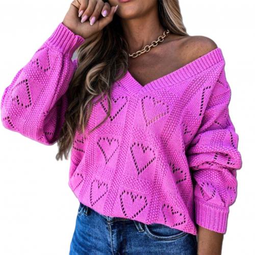 Women Autumn Winter Love Heart Hollow Crochet Sweater Loose V Neck Long  Sleeve Casual Knitwear Jumper Rose Red/Pink/Khaki/White