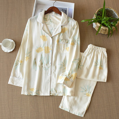 Japanese style cotton silk long-sleeved flower print pajamas set - FabFemina