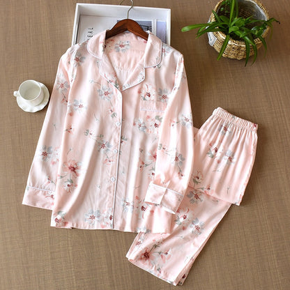 Japanese style cotton silk long-sleeved flower print pajamas set - FabFemina