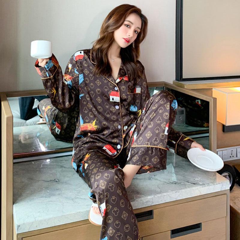 Pajamas Suit Women Satin Print Nightwear Casual 2PCS Pyjamas Set Sleepwear  V-Neck Intimate Lingerie Nightgown Comfy Home Wear
