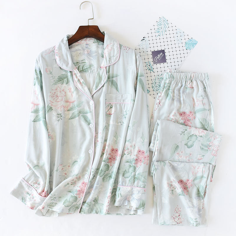 Japanese style cotton silk long-sleeved flower print pajamas set - FabFemina