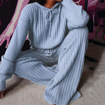 Knitted Hooded Warm Pajama Lounge Wear Set For Women - FabFemina