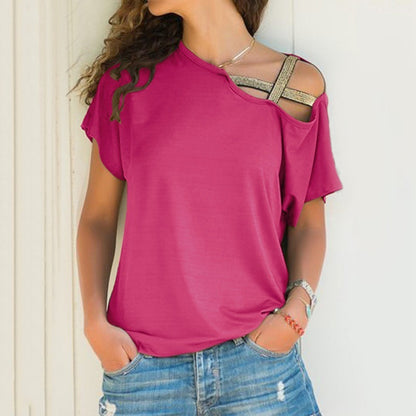 Women Skew Neck T-Shirt Criss Cross Off Shoulder Solid Tops - FabFemina
