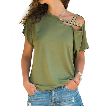 Women Skew Neck T-Shirt Criss Cross Off Shoulder Solid Tops - FabFemina