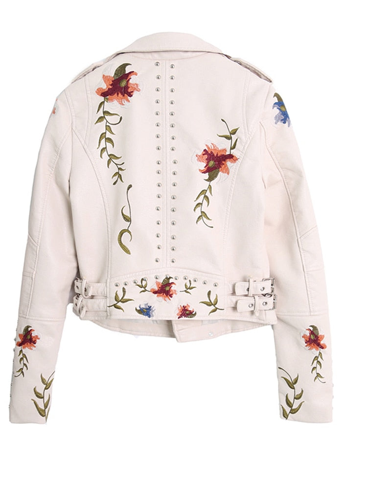 Women Floral Print Embroidery Faux Soft Leather Jacket Coat Turn-down Collar Casual Pu Motorcycle Black Punk Outerwear - FabFemina