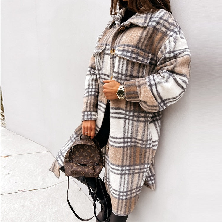 Winter Plaid Shirt Jacket Turn Down Collar Long Oversize Coat for Women - FabFemina