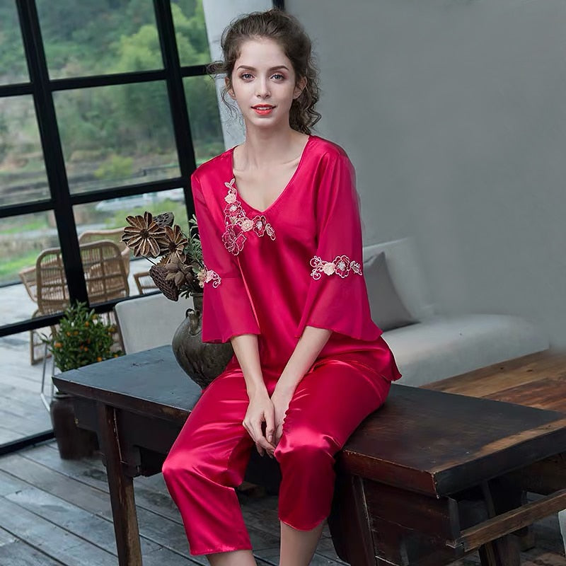 Pajamas women Female pantsuit women Ice Silk Suit Long Sleeve silk pajamas Thin Bud Silk Sleeping Home Suit sleepwear - FabFemina