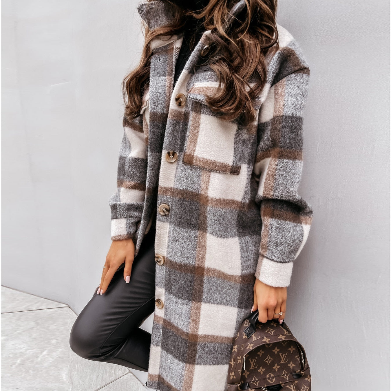 Winter Plaid Shirt Jacket Turn Down Collar Long Oversize Coat for Women - FabFemina