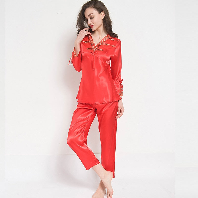 Pajamas women Female pantsuit women Ice Silk Suit Long Sleeve silk pajamas Thin Bud Silk Sleeping Home Suit sleepwear - FabFemina