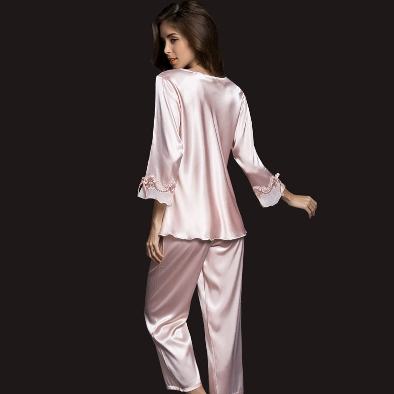 Pajamas women Female pantsuit women Ice Silk Suit Long Sleeve silk pajamas Thin Bud Silk Sleeping Home Suit sleepwear - FabFemina