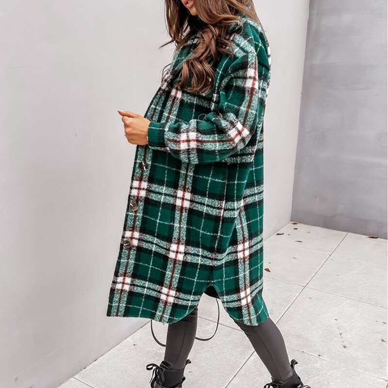 Winter Plaid Shirt Jacket Turn Down Collar Long Oversize Coat for Women - FabFemina