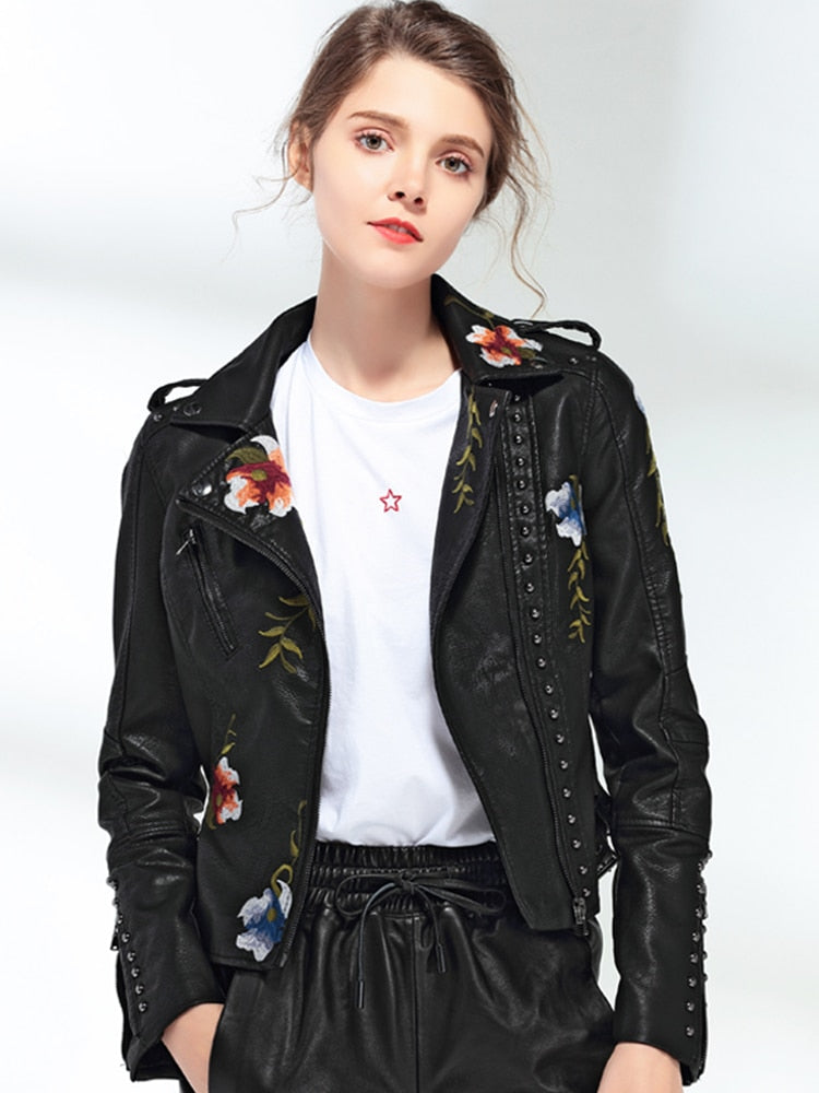 Women Floral Print Embroidery Faux Soft Leather Jacket Coat Turn-down Collar Casual Pu Motorcycle Black Punk Outerwear - FabFemina