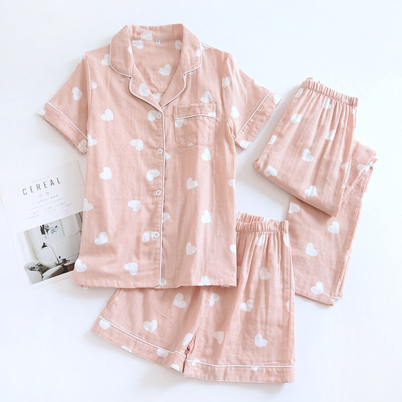 Three-piece 100% cotton gauze short-sleeved top trouser and shorts pajamas set - FabFemina