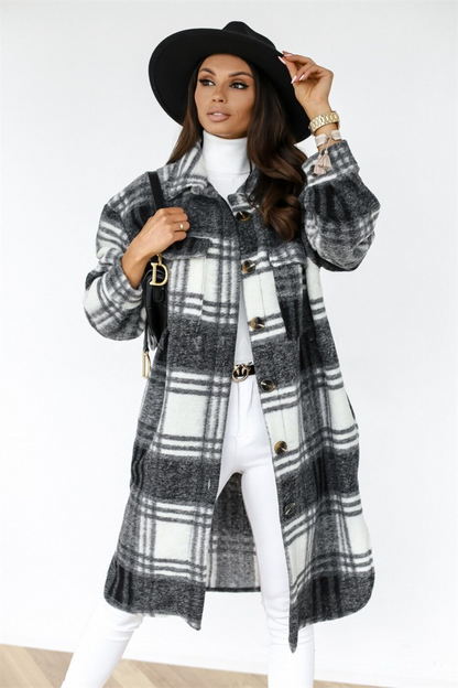 Winter Plaid Shirt Jacket Turn Down Collar Long Oversize Coat for Women - FabFemina