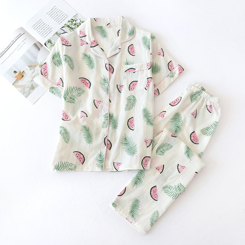 Cute simple 100% cotton gauze short pajamas set - FabFemina