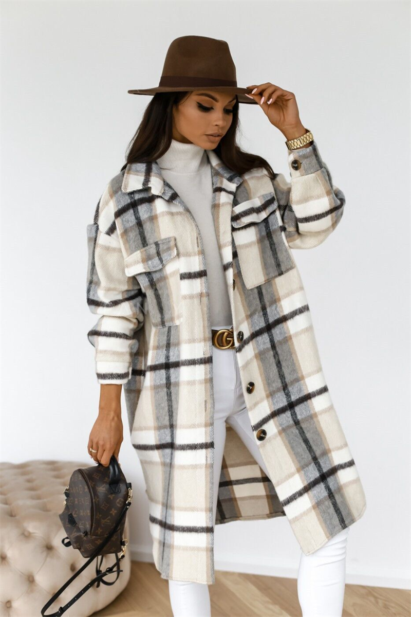 Winter Plaid Shirt Jacket Turn Down Collar Long Oversize Coat for Women - FabFemina