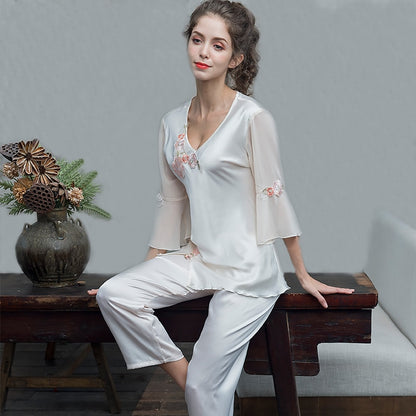 Pajamas women Female pantsuit women Ice Silk Suit Long Sleeve silk pajamas Thin Bud Silk Sleeping Home Suit sleepwear - FabFemina