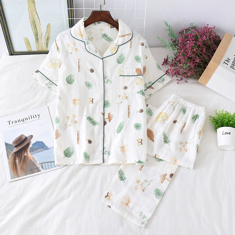 Cute simple 100% cotton gauze short pajamas set - FabFemina