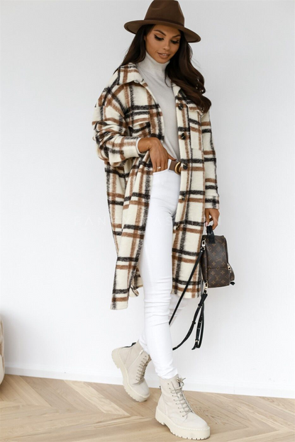 Winter Plaid Shirt Jacket Turn Down Collar Long Oversize Coat for Women - FabFemina