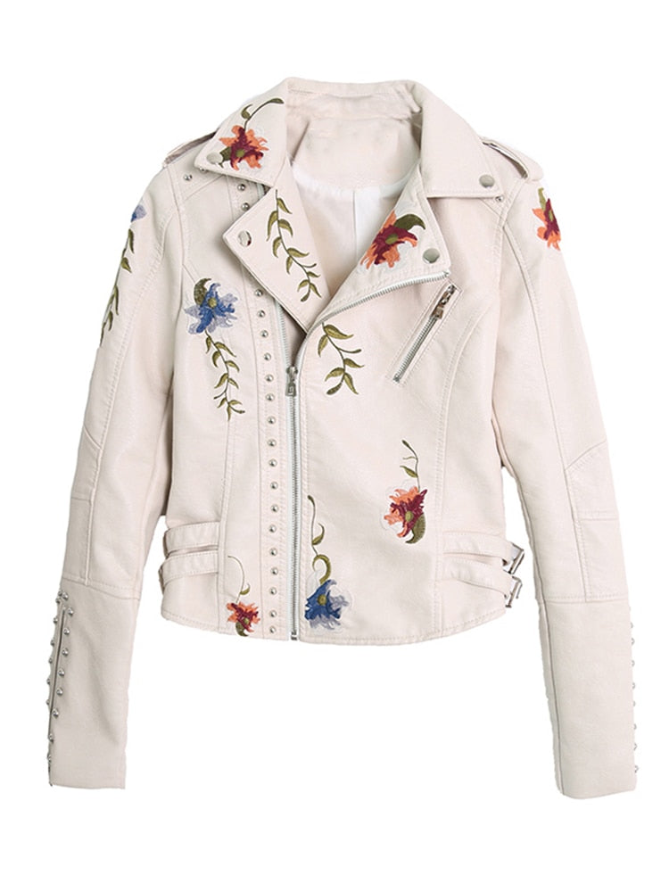 Women Floral Print Embroidery Faux Soft Leather Jacket Coat Turn-down Collar Casual Pu Motorcycle Black Punk Outerwear - FabFemina