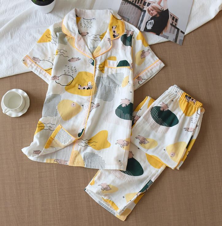 Cute simple 100% cotton gauze short pajamas set - FabFemina