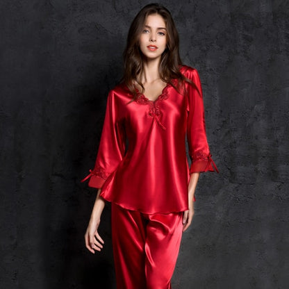 Pajamas women Female pantsuit women Ice Silk Suit Long Sleeve silk pajamas Thin Bud Silk Sleeping Home Suit sleepwear - FabFemina