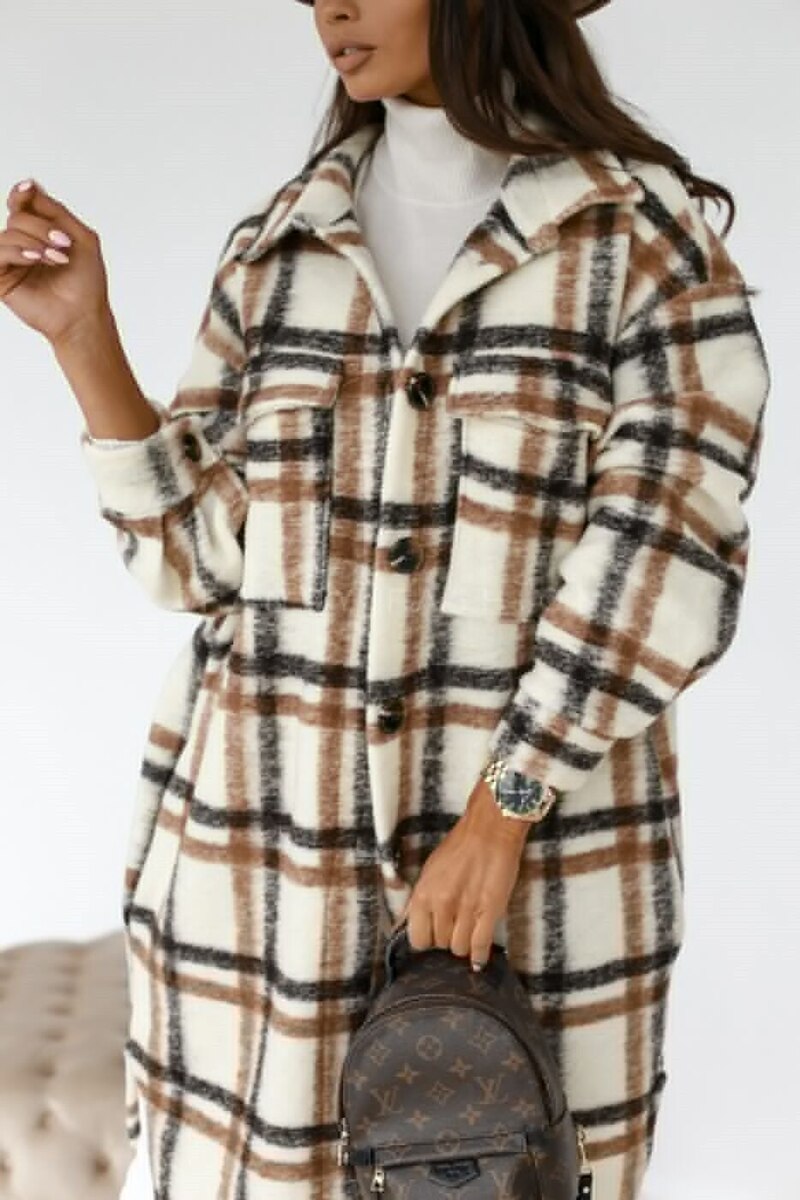 Winter Plaid Shirt Jacket Turn Down Collar Long Oversize Coat for Women - FabFemina