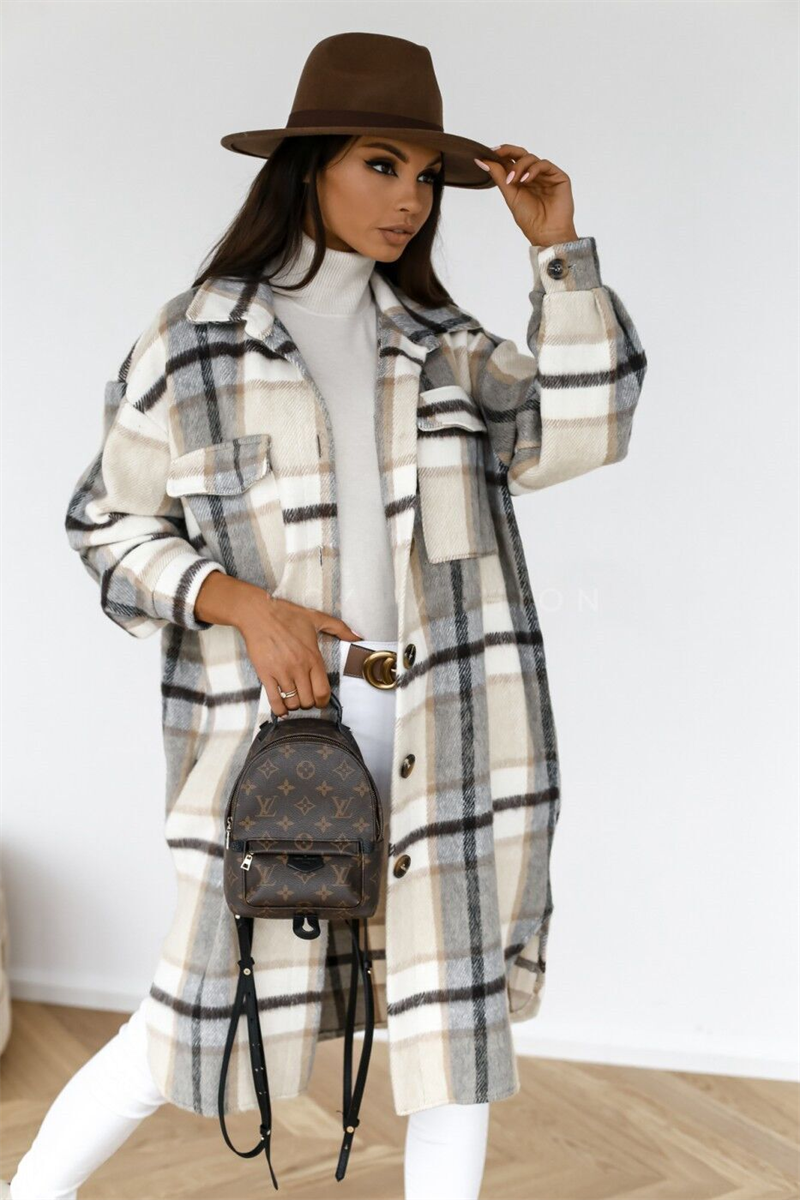 Winter Plaid Shirt Jacket Turn Down Collar Long Oversize Coat for Women - FabFemina