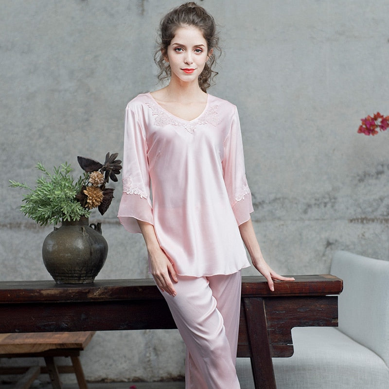 Pajamas women Female pantsuit women Ice Silk Suit Long Sleeve silk pajamas Thin Bud Silk Sleeping Home Suit sleepwear - FabFemina