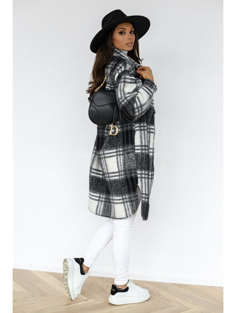 Winter Plaid Shirt Jacket Turn Down Collar Long Oversize Coat for Women - FabFemina