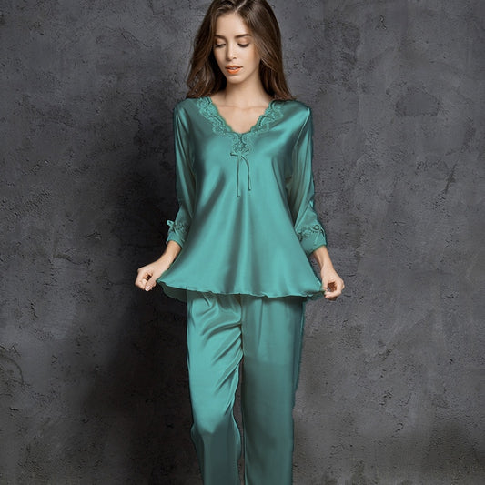 Pajamas women Female pantsuit women Ice Silk Suit Long Sleeve silk pajamas Thin Bud Silk Sleeping Home Suit sleepwear - FabFemina