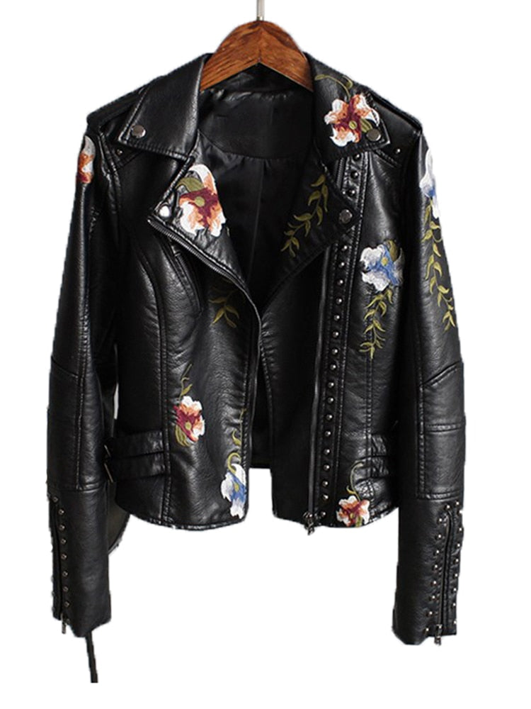 Women Floral Print Embroidery Faux Soft Leather Jacket Coat Turn-down Collar Casual Pu Motorcycle Black Punk Outerwear - FabFemina