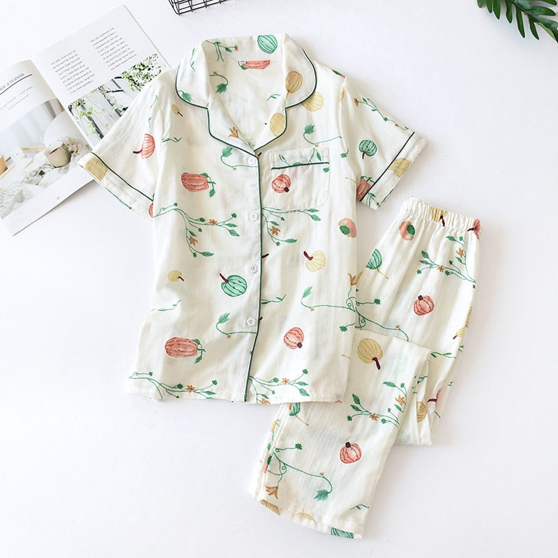 Cute simple 100% cotton gauze short pajamas set - FabFemina