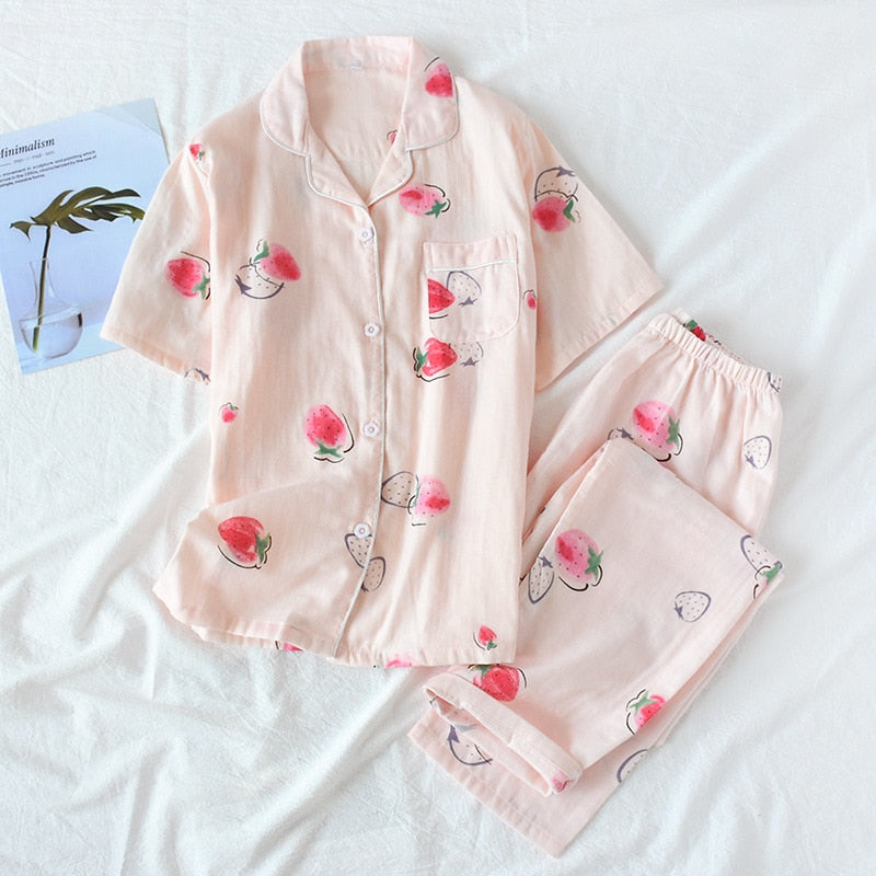 Cute simple 100% cotton gauze short pajamas set - FabFemina
