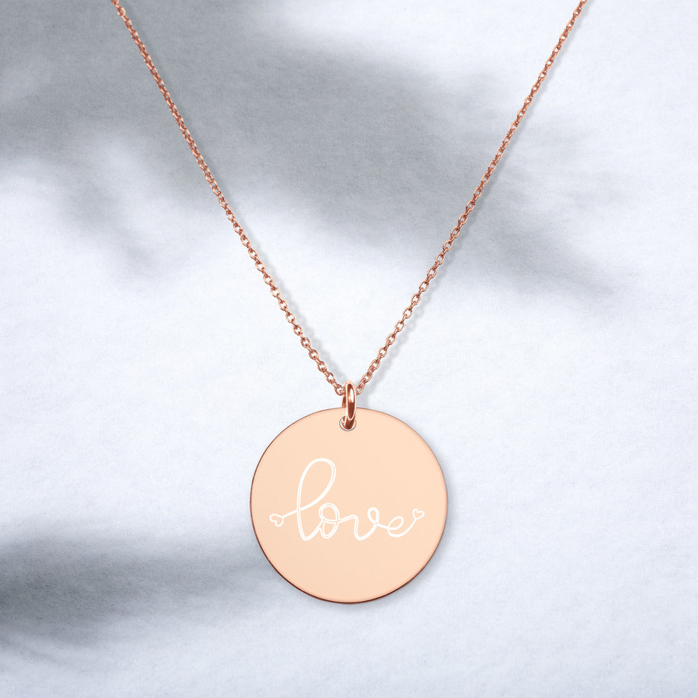 Love Engraved Silver Disc Necklace - FabFemina