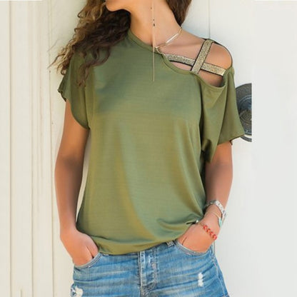 Women Skew Neck T-Shirt Criss Cross Off Shoulder Solid Tops - FabFemina