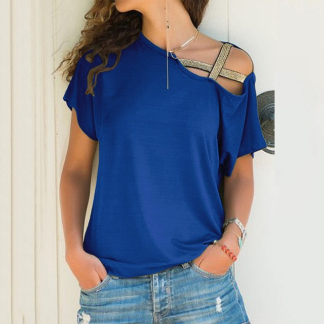 Women Skew Neck T-Shirt Criss Cross Off Shoulder Solid Tops - FabFemina